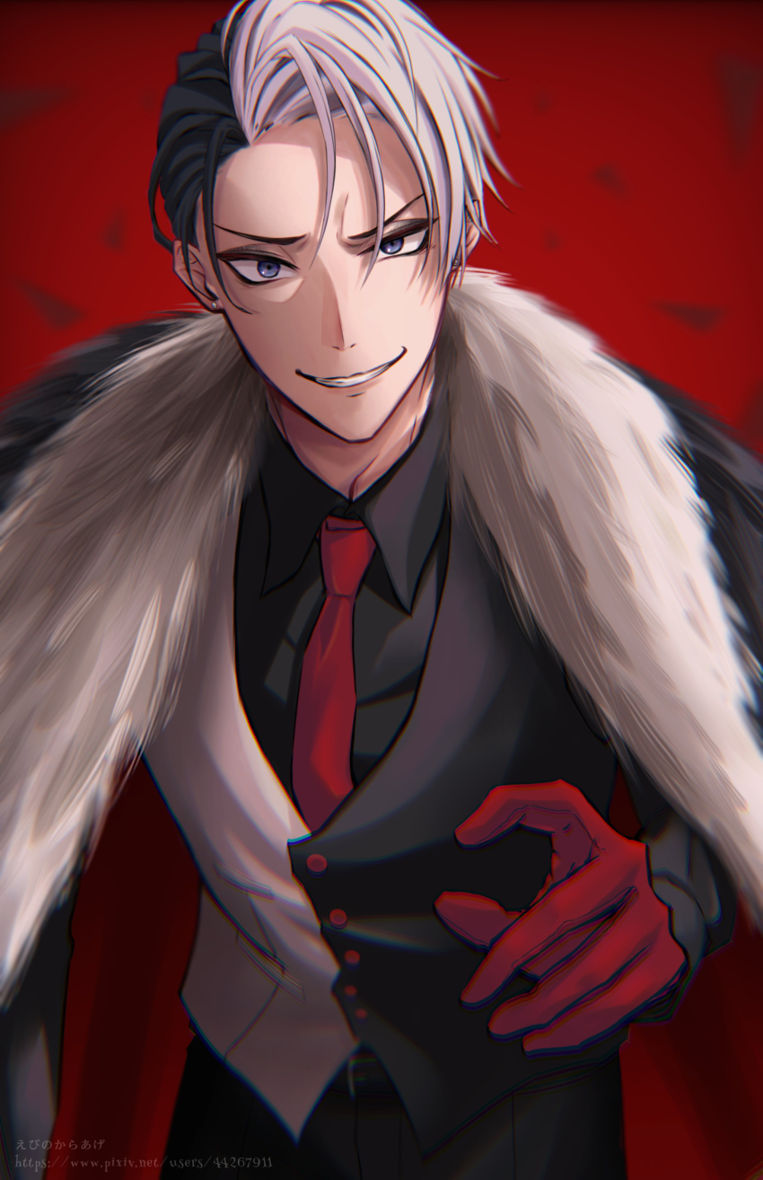 1boy, absurdres, artist_name, belt, belt_buckle, black_belt, black_coat, black_hair, black_shirt, black_vest, blue_eyes, buckle, buttons, chromatic_aberration, coat, coat_on_shoulders, collared_shirt, commentary, divus_crewel, dress_shirt, earrings, ebino_karaage, english_commentary, eyeshadow, fur_coat, gloves, grin, hand_up, highres, jewelry, long_sleeves, looking_at_viewer, makeup, male_focus, multicolored_hair, necktie, outstretched_hand, pixiv_id, red_background, red_gloves, red_necktie, shirt, short_hair, simple_background, smile, solo, split-color_hair, stud_earrings, teeth, twisted_wonderland, two-tone_hair, two-tone_vest, v-shaped_eyebrows, vest, watermark, web_address, white_coat, white_hair, white_vest, wing_collar