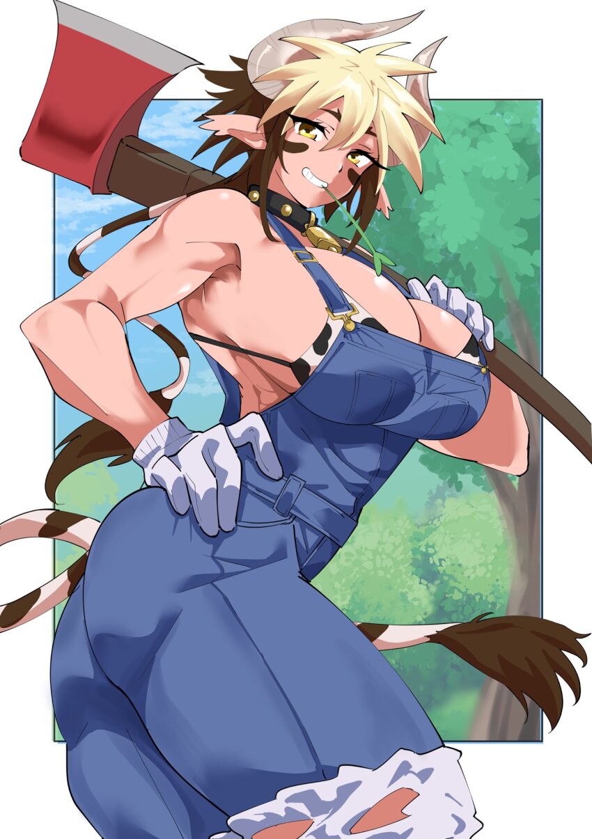 1girl, animal_ears, animal_print, axe, bell, bikini, bikini_under_clothes, blonde_hair, breasts, brown_eyes, brown_hair, cathyl, collar, commentary_request, commission, cow_ears, cow_girl, cow_horns, cow_print, cow_print_bikini, cow_tail, cowbell, cowboy_shot, fugaku_(miko_no_miyatsuguchi), gloves, hand_on_own_hip, highres, holding, holding_axe, horns, huge_breasts, looking_at_viewer, minotaur, monster_girl, monster_musume_no_iru_nichijou, mouth_hold, multicolored_hair, muscular, muscular_female, outdoors, outside_border, overalls, ponytail, print_bikini, skeb_commission, smile, solo, stalk_in_mouth, swimsuit, tail, torn_clothes, torn_overalls, tree, two-tone_hair, white_gloves, work_gloves