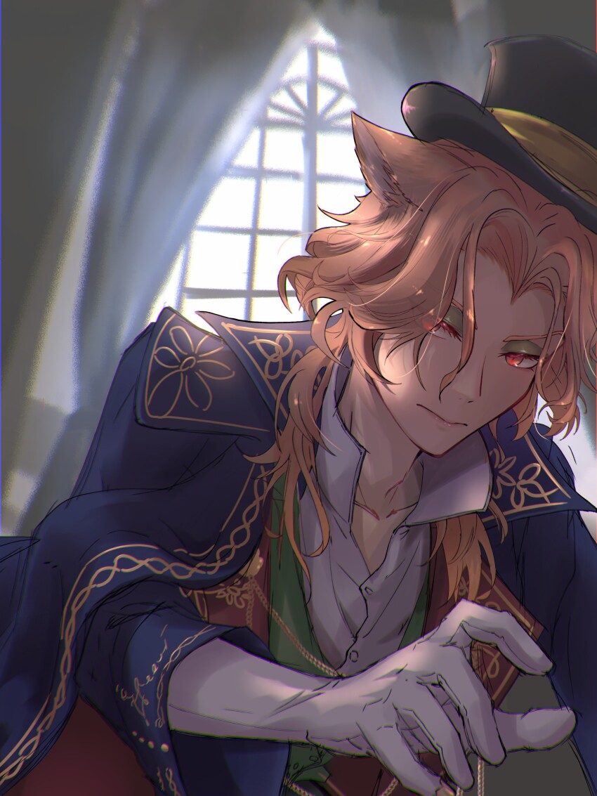 1boy, absurdres, animal_ear_fluff, animal_ears, black_hat, blue_coat, blurry, blurry_background