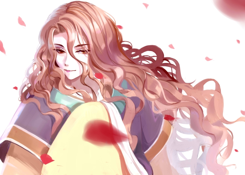 1boy, bishounen, brown_eyes, brown_hair, chinese_clothes, gezi_furen, hair_between_eyes, highres, long_hair, male_focus, petals, sa_sakujun, saiunkoku_monogatari, simple_background, solo, upper_body, very_long_hair, white_background, wide_sleeves