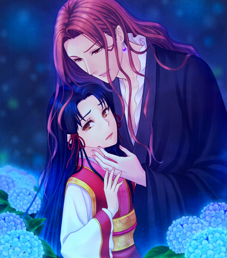 1boy, 1girl, bishounen, black_hair, black_robe, brown_eyes, chinese_clothes, earrings