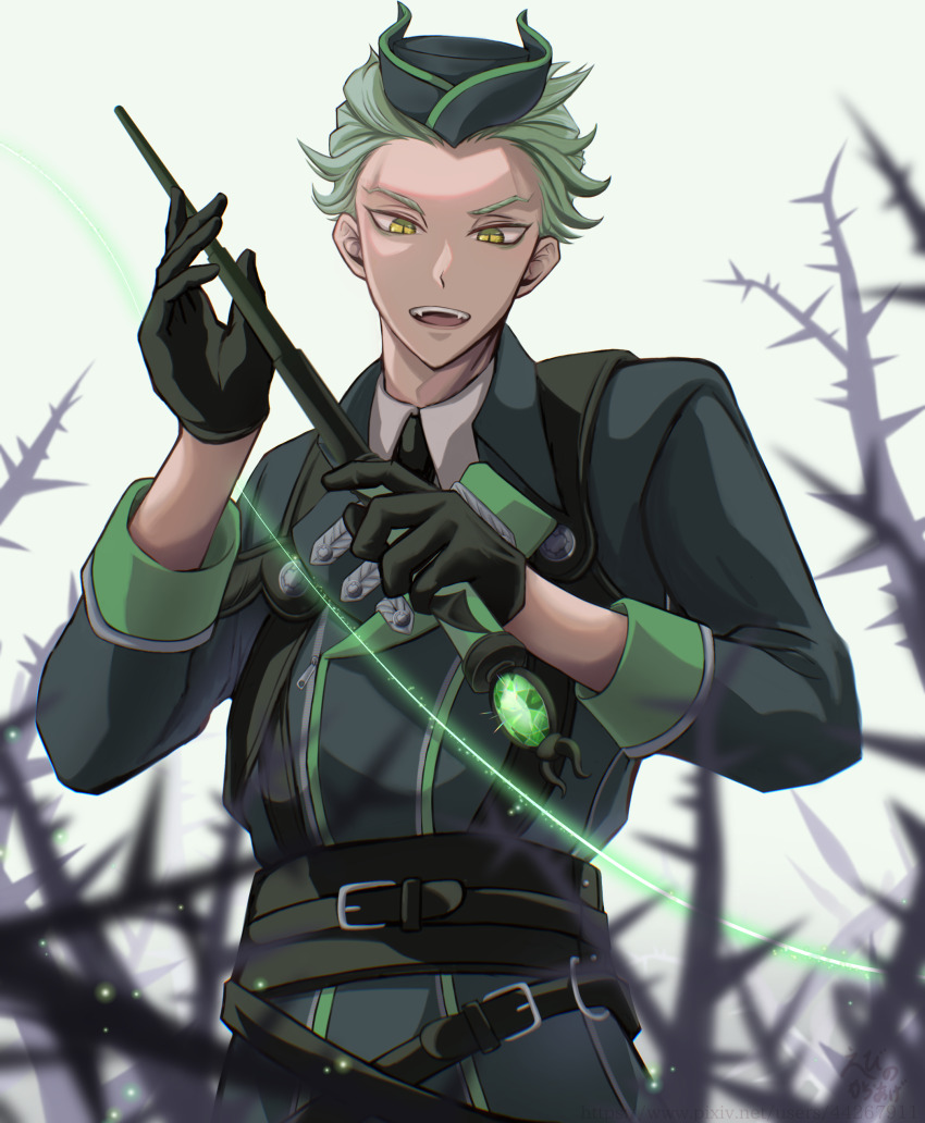 1boy, absurdres, belt, belt_buckle, black_belt, black_gloves, black_necktie, buckle