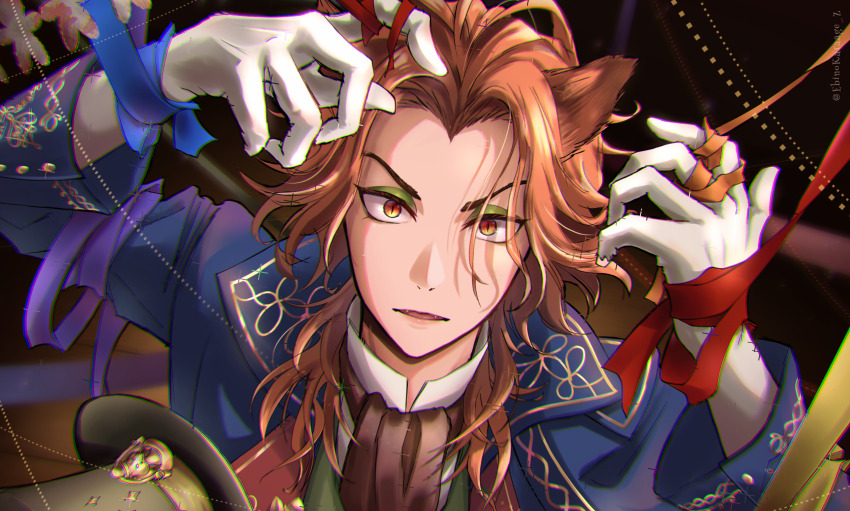 1boy, absurdres, animal_ears, arms_up, artist_name, black_hat, blue_coat, blue_ribbon, coat, collared_coat, commentary_request, ebino_karaage, eyeshadow, fangs, fellow_honest, fox_ears, gloves, green_eyeshadow, green_vest, hair_over_shoulder, hat, highres, long_hair, long_sleeves, looking_at_viewer, makeup, male_focus, open_mouth, orange_ribbon, parted_bangs, popped_collar, purple_ribbon, red_eyes, red_ribbon, ribbon, shirt, sidelocks, slit_pupils, solo, top_hat, twisted_wonderland, twitter_username, unworn_hat, unworn_headwear, upper_body, v-shaped_eyebrows, vest, white_gloves, white_shirt, yellow_ribbon