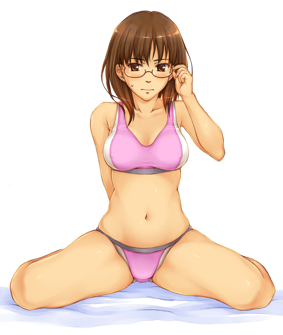 1girl, adjusting_eyewear, bare_shoulders, brown_eyes, brown_hair, buruma, female_focus, glasses, navel, original, panties, sitting, skindentation, solo, sports_bra, suda_(yuunagi_enikki), track_uniform, underwear, underwear_only, wariza, wavy_mouth