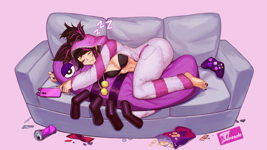 1girl, :3, abs, bag_of_chips, barefoot, black_bra, black_hair, black_nails