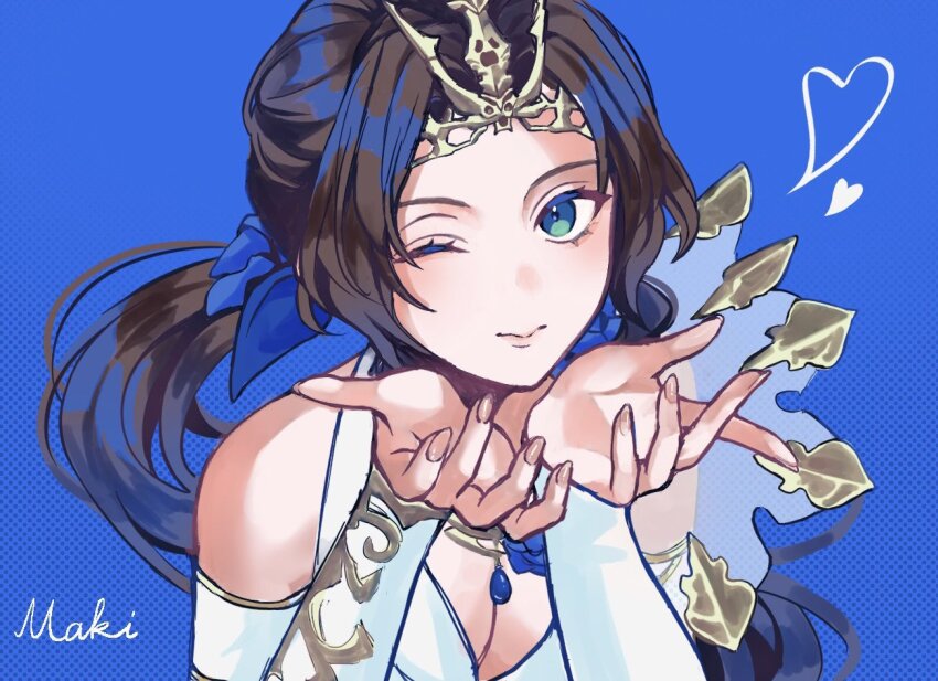 1girl, aerith_gainsborough, aerith_gainsborough_(prism_dress), aqua_eyes, artist_name, blowing_kiss, blue_flower, blue_ribbon, blue_rose, breasts, brown_hair, cleavage, closed_mouth, detached_sleeves, dress, final_fantasy, final_fantasy_vii, final_fantasy_vii:_ever_crisis, flower, gold_trim, hair_ribbon, heart, light_blush, long_hair, looking_at_viewer, maki_haruki, medium_breasts, official_alternate_costume, one_eye_closed, parted_bangs, ribbon, rose, see-through_clothes, see-through_sleeves, sidelocks, single_bare_shoulder, smile, solo, tiara, upper_body, wavy_hair, white_dress, white_sleeves