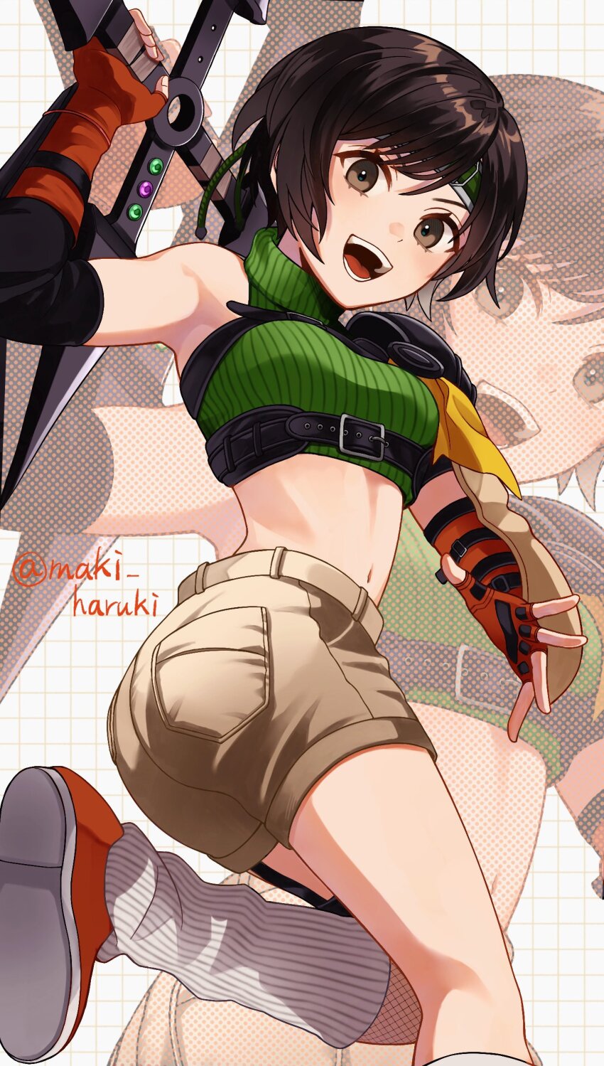 1girl, absurdres, armor, asymmetrical_legwear, black_gloves, black_hair, breasts, brown_hair