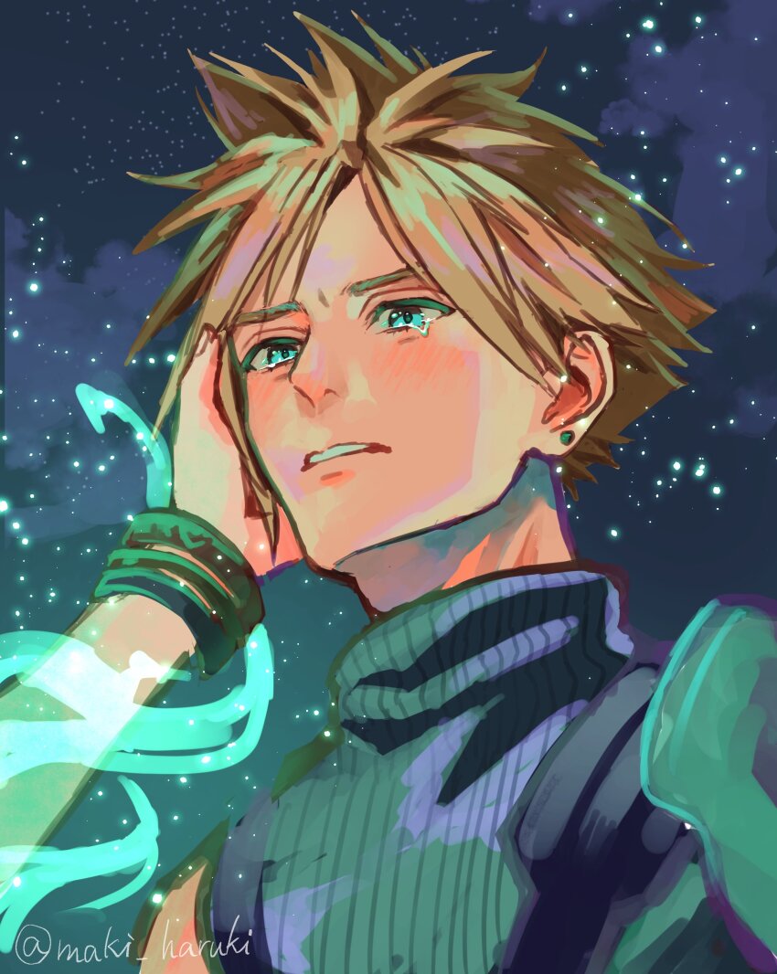 1boy, 1girl, absurdres, aerith_gainsborough, armor, bangle, blonde_hair, blue_background, bracelet, cloud_strife, crying, earrings, feet_out_of_frame, final_fantasy, final_fantasy_vii, final_fantasy_vii_remake, gainsborough_house, hand_on_another's_cheek, hand_on_another's_face, hetero, highres, jewelry, lifestream, light_blush, looking_at_another, maki_haruki, male_focus, parted_lips, short_hair, shoulder_armor, single_bare_shoulder, single_earring, sleeveless, sleeveless_turtleneck, spiked_hair, suspenders, tears, turtleneck, twitter_username, upper_body