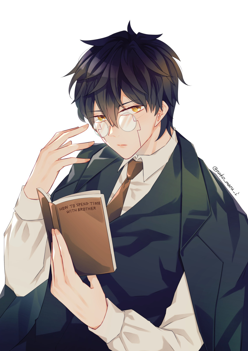 1boy, artist_name, black_hair, black_vest, book, brown_necktie, glasses, hair_between_eyes