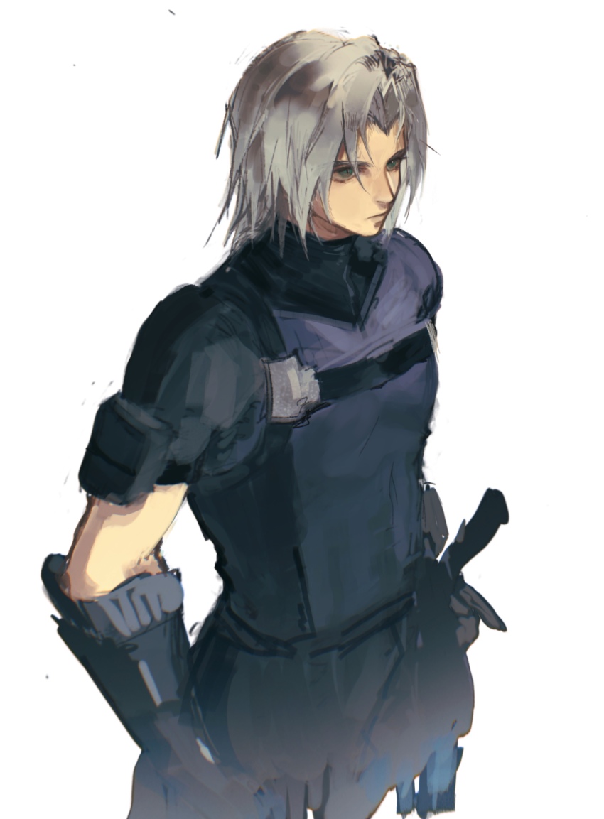 1boy, absurdres, aged_down, arm_armor, black_gloves, chest_strap, commentary, final_fantasy, final_fantasy_vii, final_fantasy_vii:_ever_crisis, gloves, green_eyes, grey_hair, hand_on_weapon, highres, male_focus, official_alternate_costume, purple_shirt, sephiroth, sephiroth_(aeroglider), sephiroth_(ever_crisis), serious, shirt, short_hair, short_sleeves, simple_background, slit_pupils, solo, standing, sword, turtleneck, turtleneck_shirt, upper_body, weapon, white_background, xiao_dao_(kojimarie)