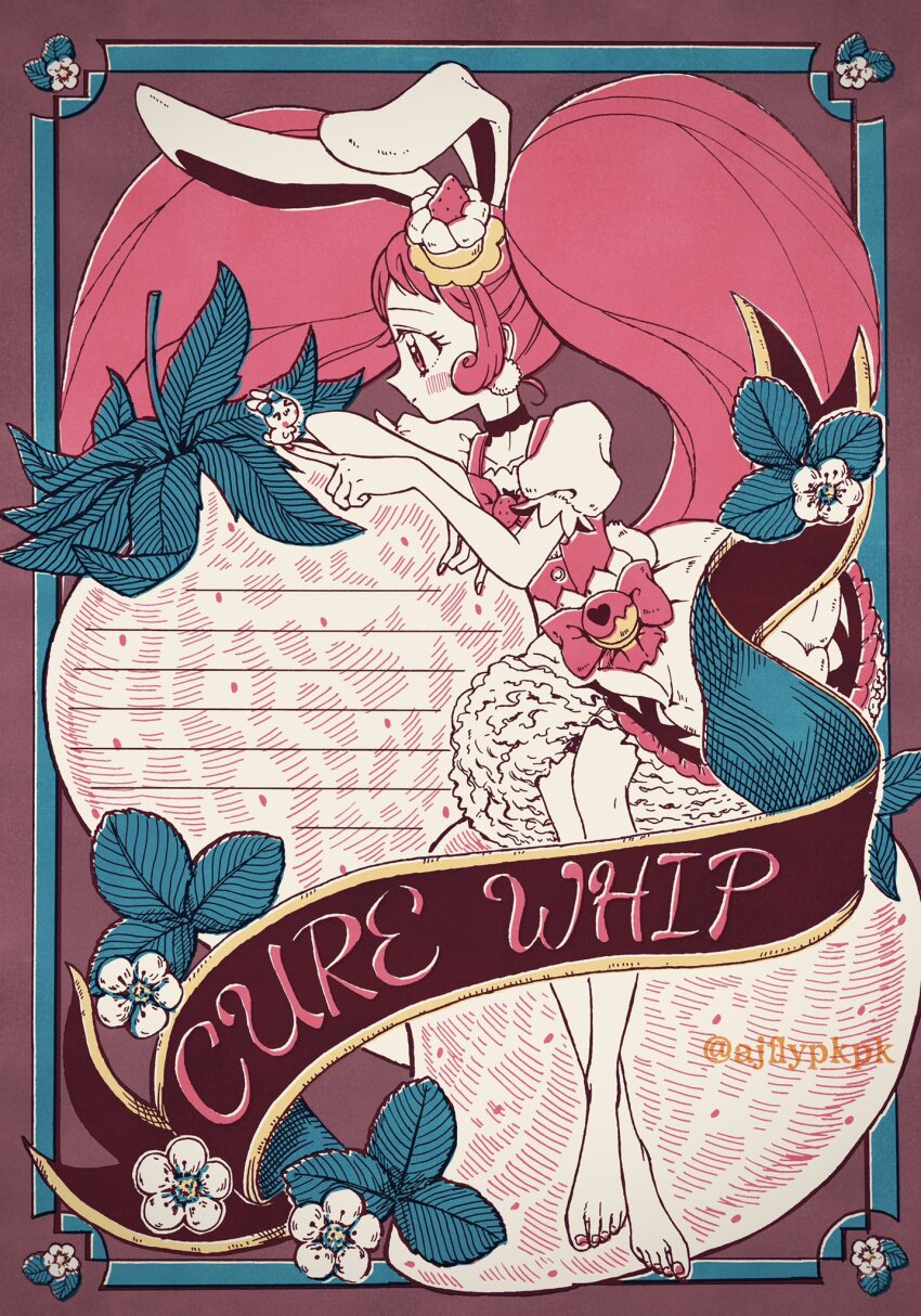 1girl, aji_fry, animal_ears, barefoot, blush, bow, brooch, cake_hair_ornament