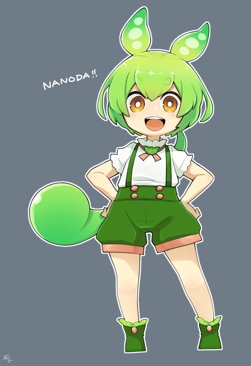 1girl, :d, bright_pupils, green_hair, hands_on_own_hips, highres, long_hair, nobel_(nobel827)