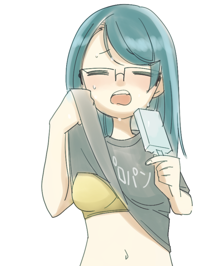 1girl, blue_hair, bra, breasts, closed_eyes, clothes_lift, food, glasses