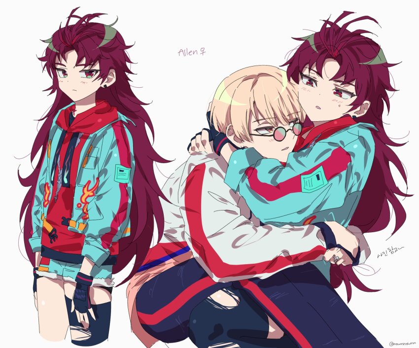 1boy, 1girl, alternate_hair_length, alternate_hairstyle, black_pants, black_shirt, black_thighhighs, blonde_hair