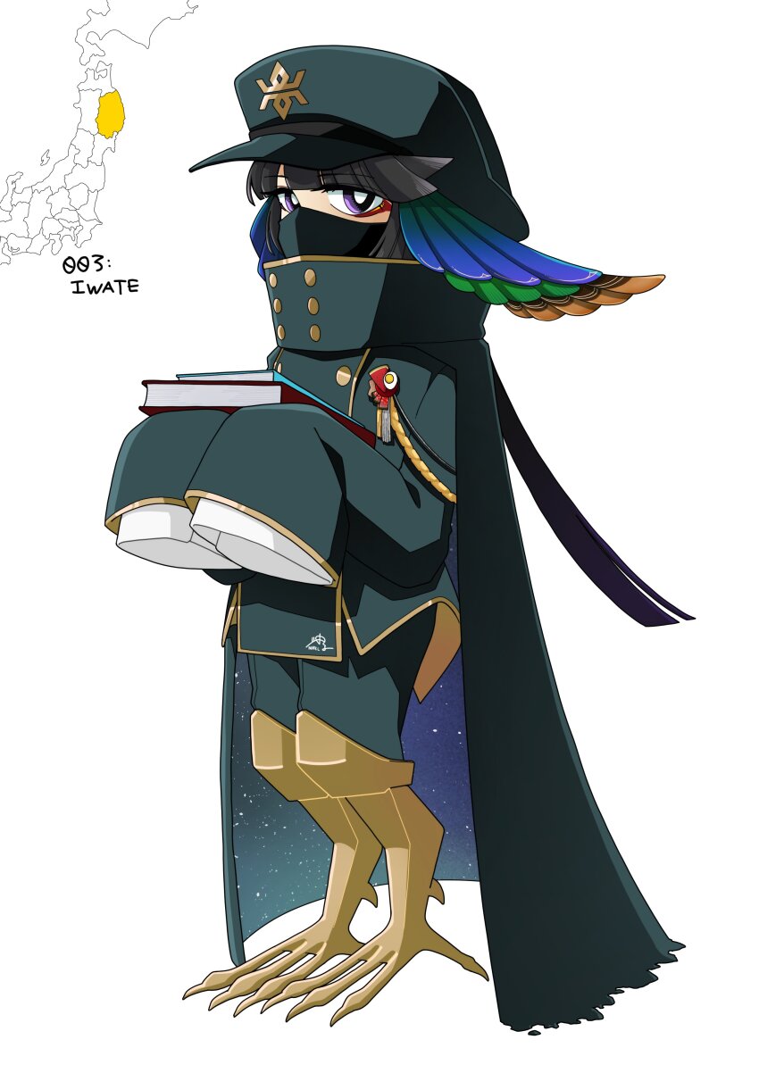 1girl, absurdres, bird_legs, black_hair, book, bright_pupils, hat, high_collar