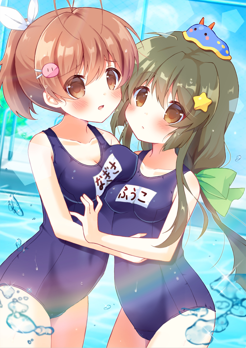 2girls, antenna_hair, asymmetrical_docking, bare_arms, blue_one-piece_swimsuit, blunt_ends, blush, bow, breast_press, breasts, brown_eyes, brown_hair, character_name, clannad, cleavage, closed_mouth, collarbone, commentary_request, covered_erect_nipples, cowboy_shot, dango_daikazoku, dango_hair_ornament, eyes_visible_through_hair, food-themed_hair_ornament, frown, furukawa_nagisa, green_bow, hair_between_eyes, hair_bow, hair_ornament, hair_ribbon, hairclip, haruchimo, hug, ibuki_fuuko, impossible_clothes, long_hair, looking_at_viewer, medium_breasts, medium_hair, multiple_girls, one-piece_swimsuit, open_mouth, paid_reward_available, ponytail, pool, ribbon, school_swimsuit, side-by-side, sidelocks, small_breasts, snail, sparkle, standing, star_(symbol), star_hair_ornament, swimsuit, very_long_hair, water, water_drop, wet, wet_clothes, wet_swimsuit, white_ribbon, |_|