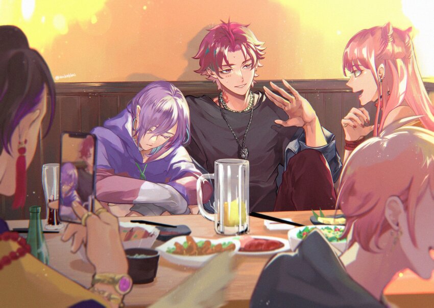 1other, 4boys, ankekkai, anne_faulkner, aqua_hair, black_hair, camera, closed_eyes