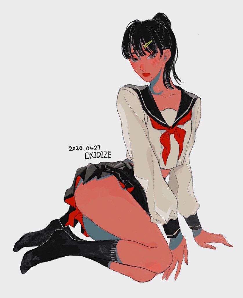 1girl, ankle_socks, artist_name, black_hair, black_sailor_collar, black_skirt, black_socks, blunt_bangs