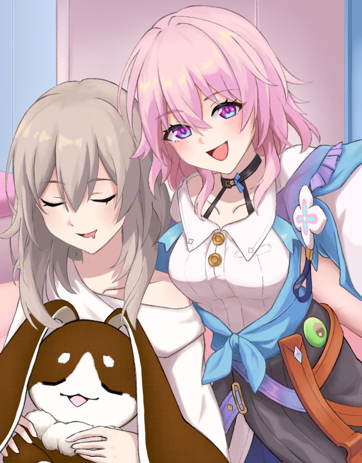 2girls, black_choker, black_corset, blue_eyes, blue_jacket, buttons, choker, chokop_(0mochi_pchoko)