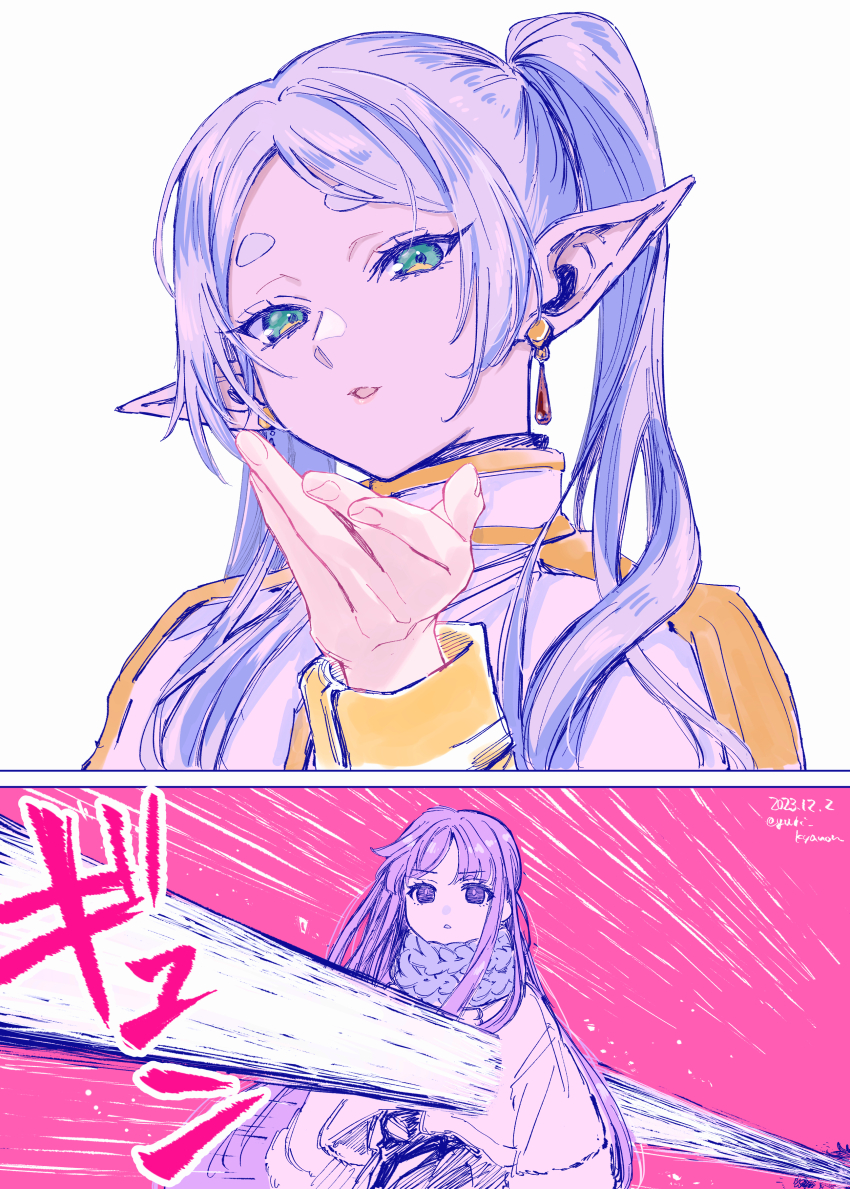 2girls, absurdres, blowing_kiss, capelet, commentary_request, dated, earrings, elf