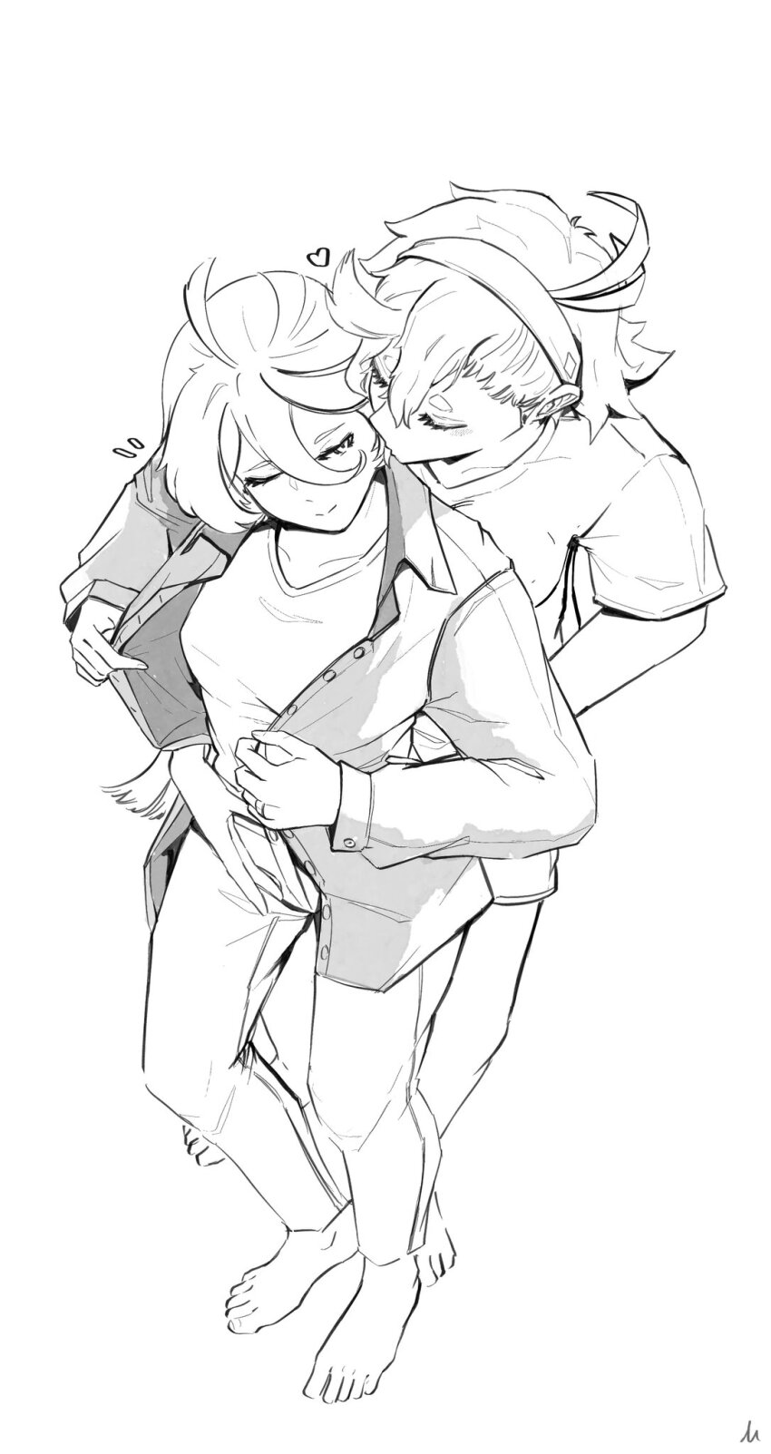 2girls, ahoge, barefoot, closed_mouth, commentary_request, greyscale, gundam, gundam_suisei_no_majo