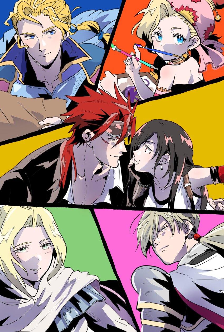 3boys, 3girls, armband, armor, bare_shoulders, black_bra, black_gloves, black_hair