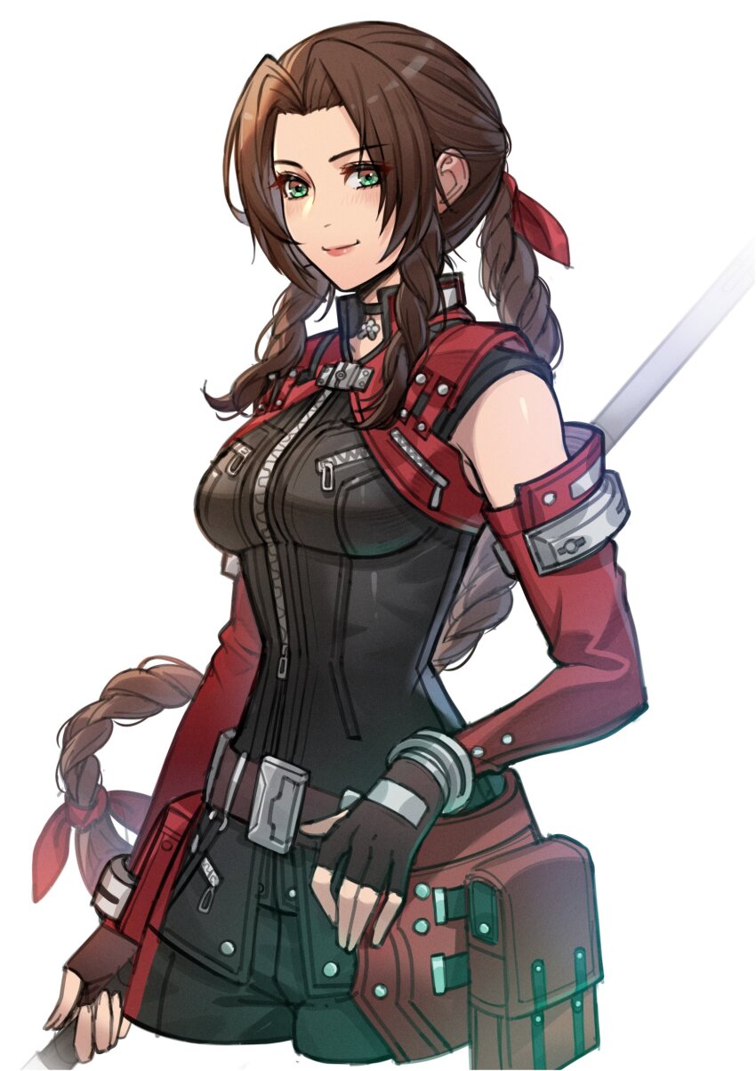 1girl, absurdres, aerith_gainsborough, aerith_gainsborough_(rosy_battle_suit), bangle, bare_shoulders, black_bodysuit, black_gloves