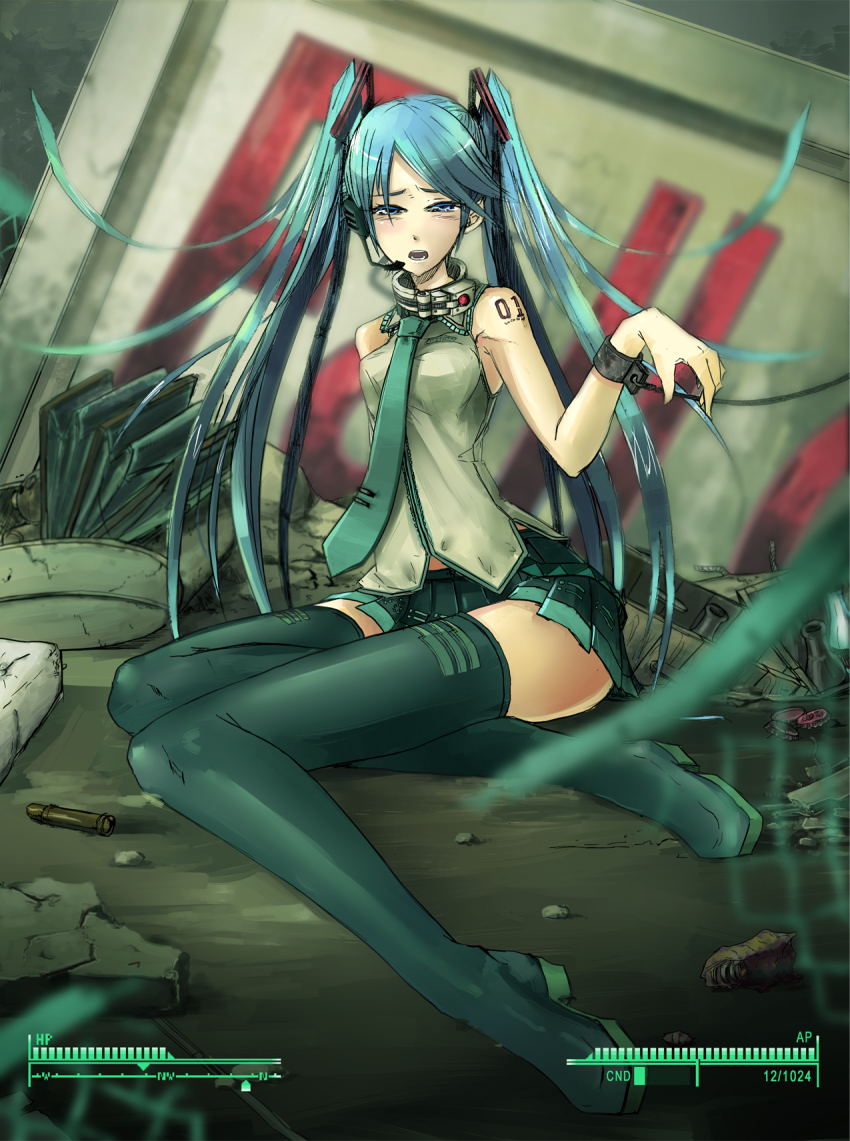 1girl, aqua_hair, blue_eyes, boots, bottle_cap, bullet, cavo, collar, cuffs, fallout, fallout_3, female_focus, hatsune_miku, headset, health_bar, highres, legs, long_hair, long_legs, necktie, nuka-cola, nuka-cola_quantum, sitting, skirt, solo, stuffed_animal, stuffed_toy, teddy_bear, thigh_boots, thighhighs, thighs, twintails, very_long_hair, vocaloid