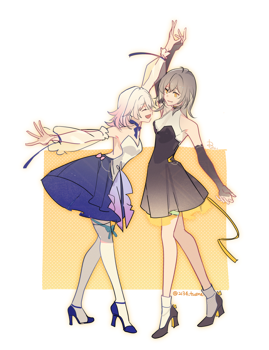 2134twone, 2girls, black_dress, black_footwear, black_sleeves, blue_footwear, chinese_commentary, closed_eyes, commentary_request, dancing, detached_sleeves, dress, gradient_hair, grey_hair, high_heels, highres, honkai:_star_rail, honkai_(series), march_7th_(honkai:_star_rail), medium_hair, multicolored_hair, multiple_girls, open_mouth, outstretched_arms, parted_lips, pink_hair, purple_dress, ribbon, see-through_clothes, see-through_sleeves, smile, stelle_(honkai:_star_rail), strapless, strapless_dress, thighhighs, trailblazer_(honkai:_star_rail), twitter_username, two-tone_dress, white_background, white_dress, white_thighhighs, yellow_background, yellow_eyes, yellow_ribbon, yuri