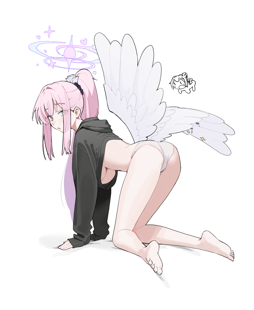 1girl, absurdres, all_fours, angel_wings, ass, black_hoodie, blue_archive, blush