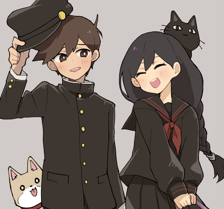 1boy, 1girl, 2others, black_cat, black_serafuku, cat, dog, doroidsan