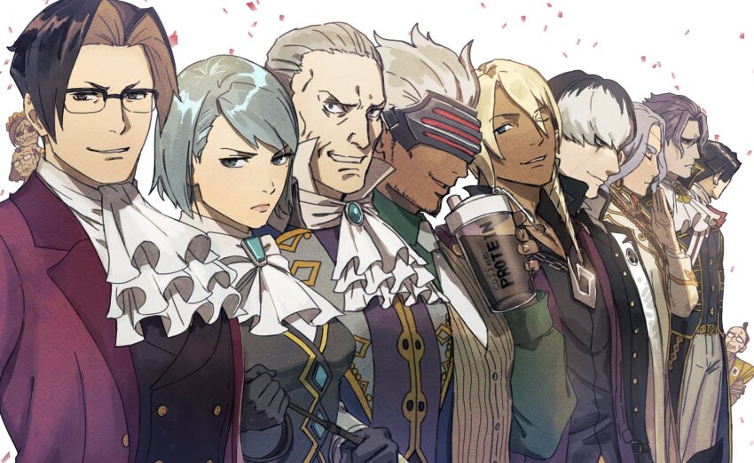 0shlkatsu, 1girl, 6+boys, ace_attorney, apollo_justice:_ace_attorney, ascot, barok_van_zieks, bead_necklace