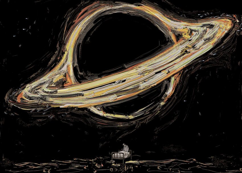 1boy, bed, bed_sheet, black_hair, black_hole, dark_background, highres, male_focus