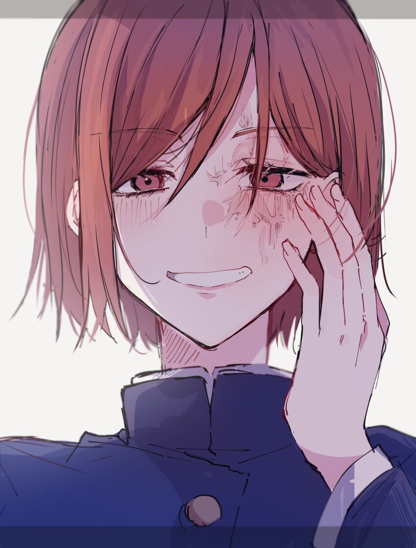 1girl, blue_jacket, brown_eyes, brown_hair, grin, hand_up, highres, jacket, jujutsu_kaisen, kugisaki_nobara, long_sleeves, looking_at_viewer, natsuneco_02, scar, scar_on_face, short_hair, simple_background, smile, solo, spoilers, teeth, upper_body, white_background