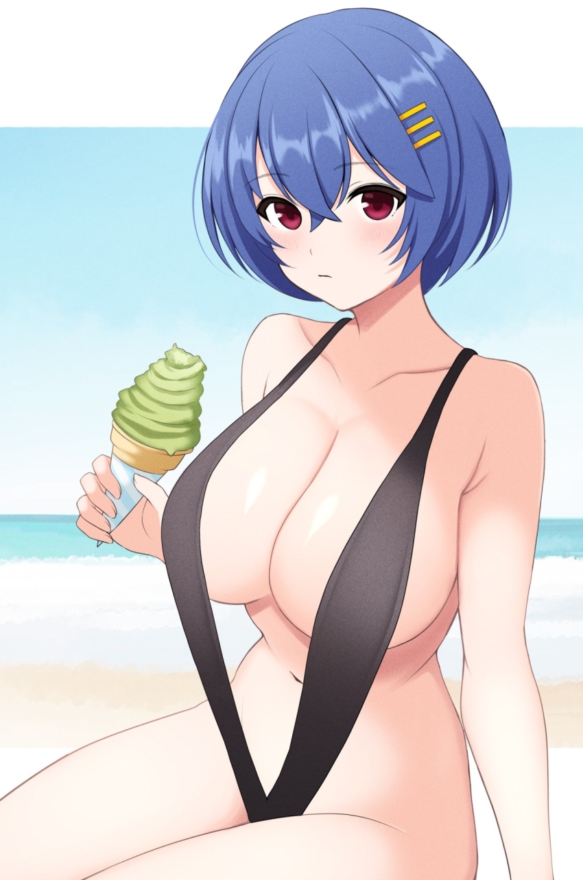 1girl, amane_(senran_kagura), arm_at_side, armpit_crease, bare_arms, bare_shoulders, beach, black_slingshot_swimsuit