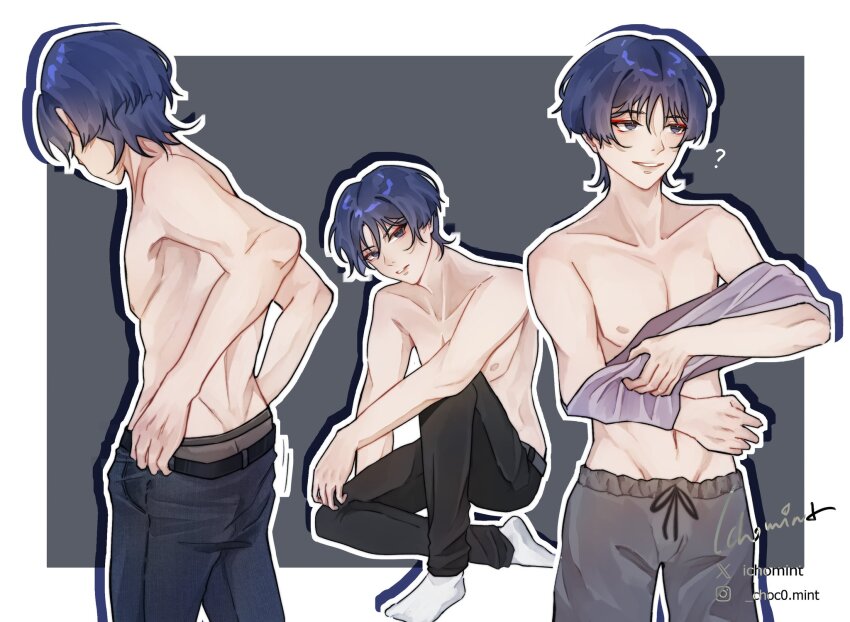 3boys, ?, black_pants, blue_eyes, blue_hair, genshin_impact, grey_pants, hair_between_eyes