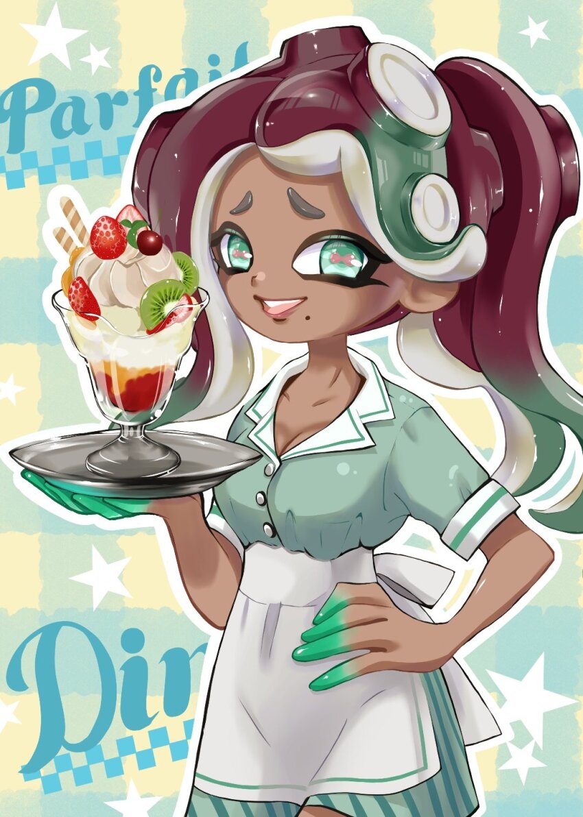 1girl, atataka_soranko, breasts, cherry, cream, dark-skinned_female, dark_skin, dress, food, fruit, green_eyes, hand_on_own_hip, highres, ice_cream, kiwi_(fruit), large_breasts, marina_(splatoon), nintendo, octoling, parfait, short_sleeves, splatoon_(series), strawberry, tentacle_hair, waitress