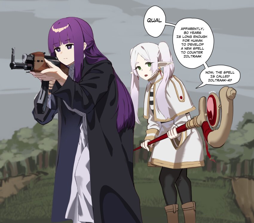 2girls, aiming, ak-47, anachronism, assault_rifle, black_coat, black_pantyhose, black_shirt