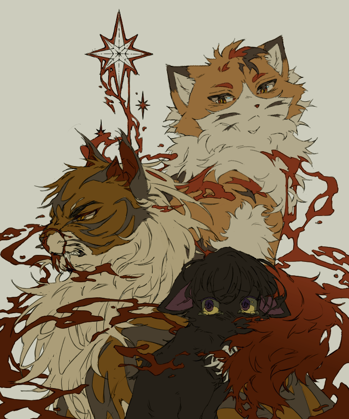 animal, black_fur, blood, brown_eyes, brown_fur, cat, colored_sclera, no_humans, orange_cat, orange_fur, ravenpaw, redtail_(warriors), sad, star_(symbol), striped_fur, tears, the_prophecies_begin, tigerstar, warrior_cats, wxlfpatch, yellow_sclera