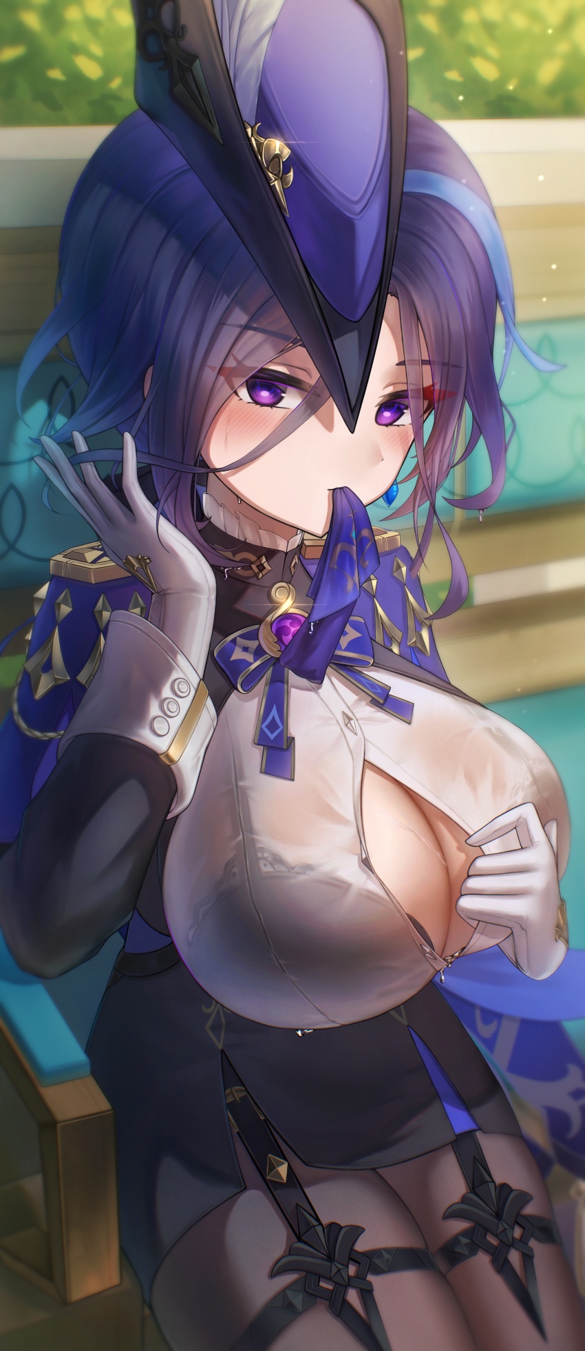 1girl, absurdres, ascot, black_bra, black_corset, black_pantyhose, blue_cape, blue_hair