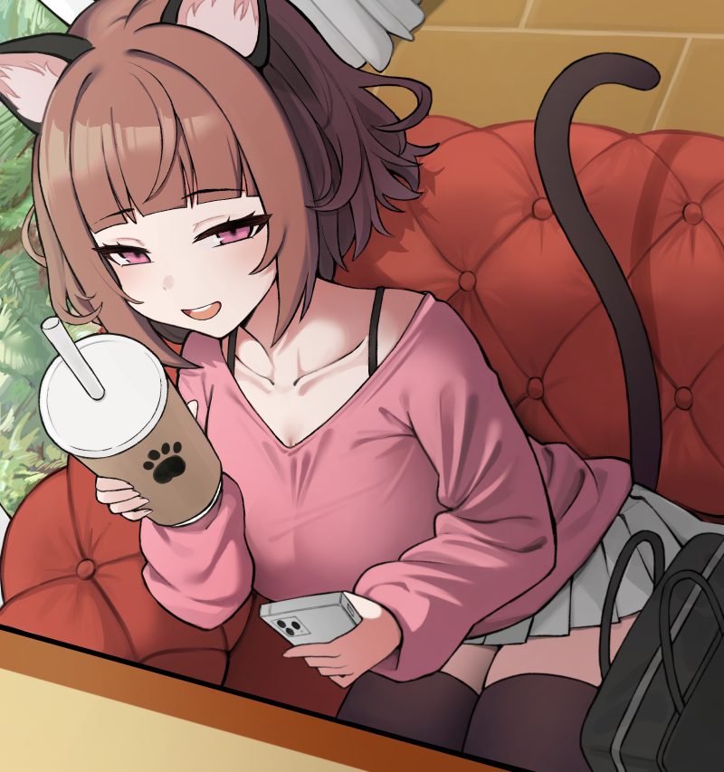 1girl, animal_ears, bag, black_thighhighs, blunt_bangs, bra_strap, breasts, brown_hair, cat_ears, cat_girl, cat_tail, cellphone, collarbone, couch, cup, drinking_straw, dutch_angle, from_above, half-closed_eyes, holding, holding_cup, holding_phone, kmnz, large_breasts, long_sleeves, looking_at_viewer, liz_(kmnz), miniskirt, nago_purin, open_mouth, phone, pink_sweater, pleated_skirt, purple_eyes, short_hair, skirt, smartphone, smile, solo, sweater, tail, thighhighs, virtual_youtuber, white_skirt, zettai_ryouiki