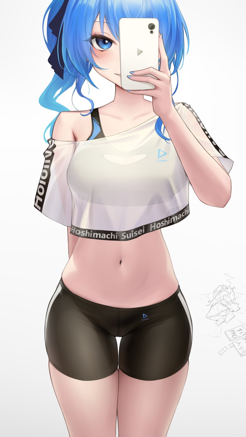 1girl, absurdres, arm_behind_back, bike_shorts, black_bra, black_shorts, black_sports_bra, blue_eyes, blue_hair, blue_nails, bra, breasts, cellphone, character_name, chibi, chibi_inset, clothes_writing, commentary, covering_face, covering_one_eye, crop_top, crop_top_overhang, cropped_shirt, fingernails, groin, highres, holding, holding_phone, hololive, hololive_dance_practice_uniform, hoshimachi_suisei, light_blush, looking_at_viewer, medium_breasts, medium_hair, nail_polish, navel, official_alternate_hair_length, official_alternate_hairstyle, open_mouth, phone, phone_over_face, sakura_miko, see-through_clothes, see-through_shirt, shirt, shirt_overhang, shorts, side_ponytail, simple_background, single_off_shoulder, smartphone, smile, solo, somebody_(leiking00), sports_bra, sports_bra_peek, standing, star_(symbol), star_in_eye, symbol_in_eye, t-shirt, taking_picture, teeth, thigh_gap, thighs, underwear, virtual_youtuber, white_background, white_shirt, workout_clothes