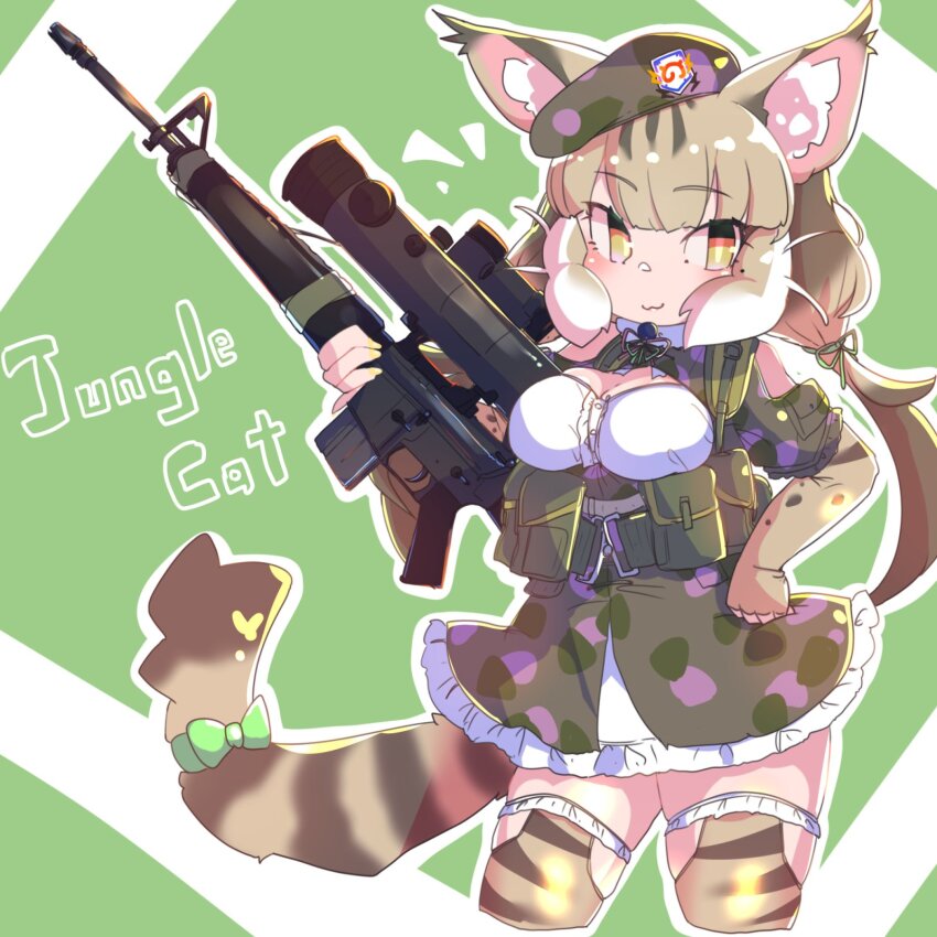 1girl, animal_ears, bare_shoulders, camouflage, cat_ears, cat_girl, cat_tail, extra_ears