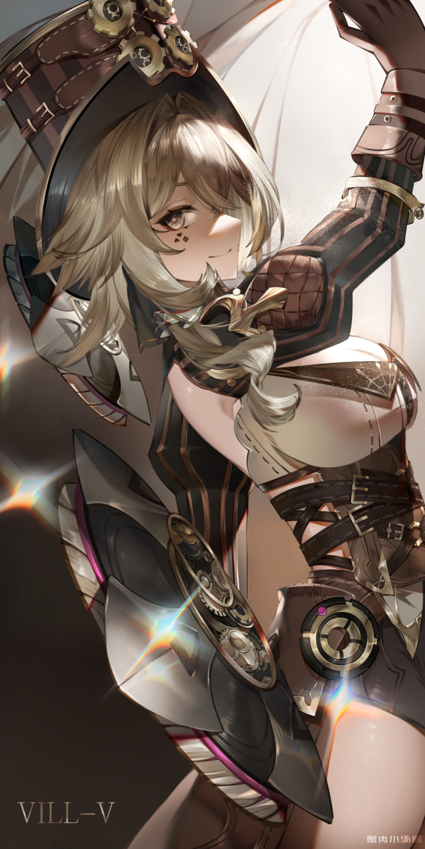 1girl, absurdres, artist_name, black_gloves, blonde_hair, breasts, brown_eyes, brown_gloves