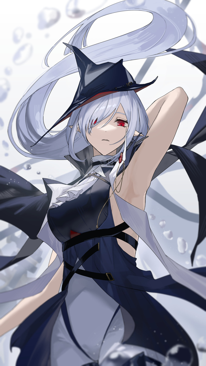 1girl, arknights, arm_behind_head, arm_up, armpits, ascot, backlighting, bare_arms, bare_shoulders, belt, belt_buckle, belt_collar, black_belt, black_dress, black_hat, black_jacket, black_straps, blurry, blurry_background, blurry_foreground, breasts, bubble, buckle, chest_strap, collar, collared_dress, collared_jacket, commentary_request, cowboy_shot, depth_of_field, dot_nose, dress, earrings, eyelashes, floating_clothes, floating_hair, from_below, from_side, frown, gladiia_(arknights), grey_hair, groin, hair_over_one_eye, hat, high-waist_dress, high-waist_sideboob, high_collar, highleg, highleg_leotard, highres, jacket, jewelry, leotard, long_hair, looking_at_viewer, looking_down, medium_breasts, multiple_belts, nanase_(nanase_cg), off_shoulder, open_clothes, open_jacket, pantyhose, parted_bangs, parted_lips, pointy_ears, ponytail, presenting, presenting_armpit, red_eyes, shade, shadow, sideboob, sidelocks, single_earring, sleeveless, sleeveless_dress, solo, standing, straight_hair, strap, turtleneck, turtleneck_dress, underbust, very_long_hair, white_ascot, white_background, white_leotard, white_pantyhose
