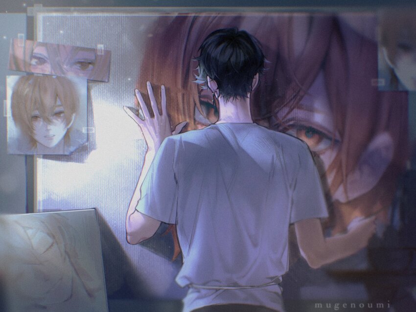 2boys, aqua_hair, black_hair, black_pants, closed_eyes, facing_away, highres, miyama_kei