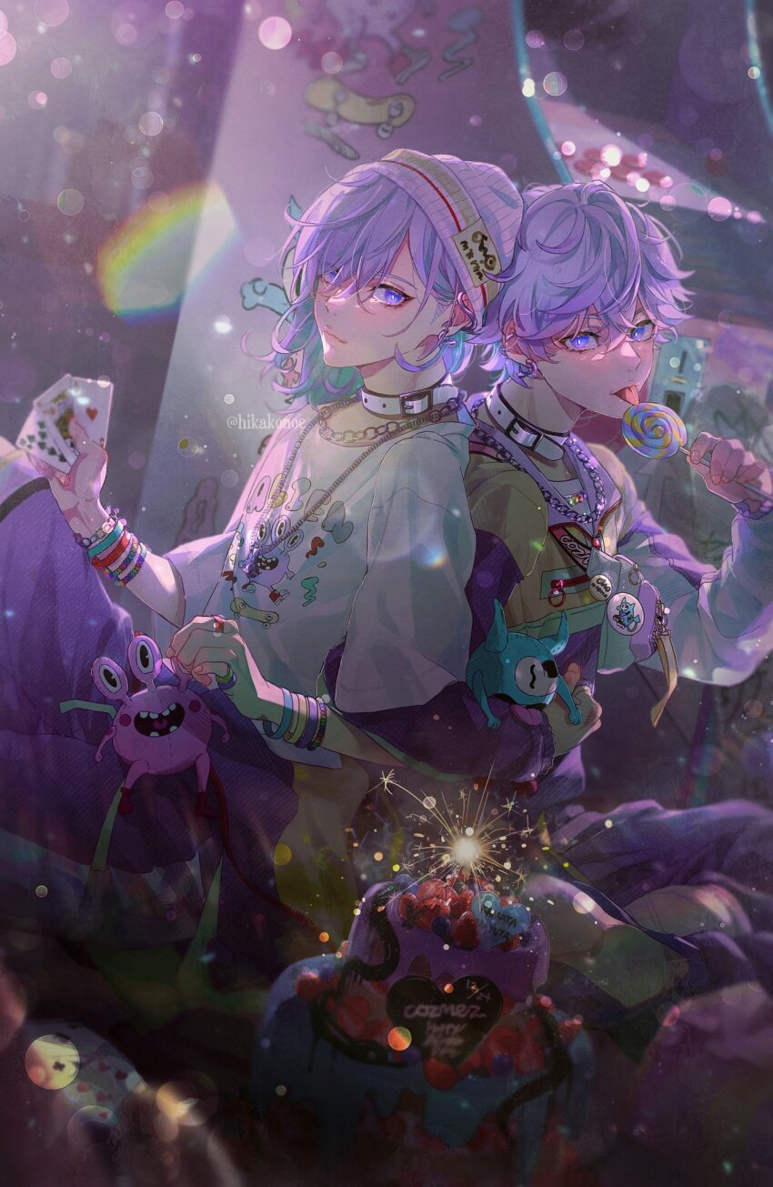2boys, aqua_hair, back-to-back, brothers, candy, card, fireworks, food