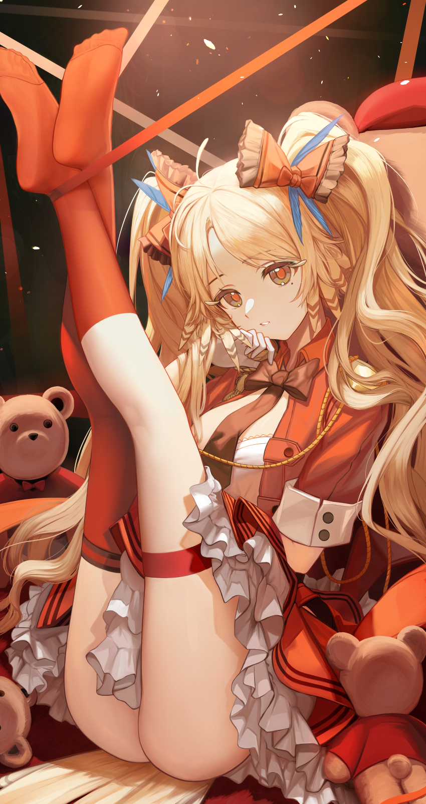 1girl, absurdres, arknights, ass, asymmetrical_legwear, bow, bowtie, collar, crossed_legs, feather_hair, feathers, frilled_skirt, frills, highres, idol, irvinetope, jacket, kneepits, layered_skirt, legs_up, mole, mole_under_eye, no_shoes, official_alternate_costume, orange_hair, orange_pupils, pinecone_(arknights), pinecone_(sing_a_song)_(arknights), red_bow, red_collar, red_jacket, red_socks, red_thighhighs, restrained, sitting, skirt, socks, soles, stuffed_animal, stuffed_toy, teddy_bear, thigh_strap, thighhighs, thighs, twintails, waistband