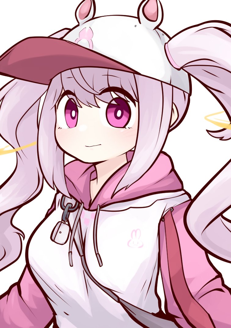 1girl, akagami_(feat_akagami), alice_(nikke), alice_(sweet_home)_(nikke), animal_ear_headwear, animal_hat, animal_print, clothes, fake_animal_ears, floating_headgear, goddess_of_victory:_nikke, hat, hood, hood_down, hoodie, long_hair, long_sleeves, looking_at_viewer, official_alternate_costume, pink_eyes, pink_hoodie, pink_sleeves, rabbit_hat, rabbit_print, sidelocks, smile, solo, twintails, two-tone_hoodie, upper_body, white_hoodie