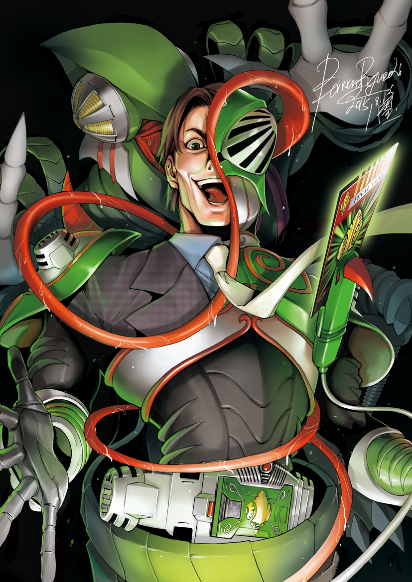 1boy, armor, bawang-ryuuzaki, biogreeza, card, claws, contract_monster, dark_background, formal_clothes, green_armor, kamen_rider, kamen_rider_ryuki_(series), kamen_rider_verde, lizard, looking_at_viewer, male_focus, monster, necktie, suit, takamizawa_itsurou, tokusatsu, tongue, tongue_out, upper_body, v_buckle, white_necktie